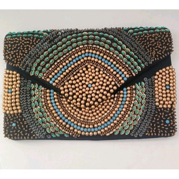 CAPELLI New York Beaded Clutch Bag Gold Turquoise Artsy Edgy Boho Magnet New - Picture 1 of 8